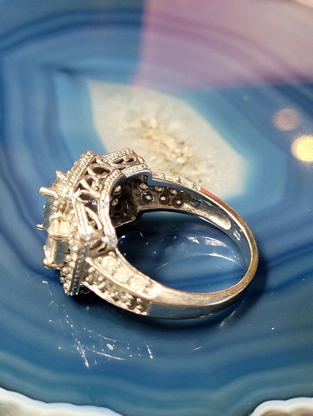 10k White Gold Square  Ring with Clear Stones - Silver - Picture 2 of 10